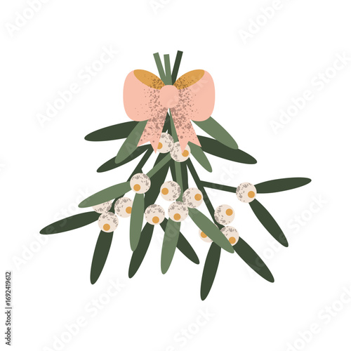 Christmas bouquet of mistletoe with a bow. Vector geometric illustration of traditional Christmas decor