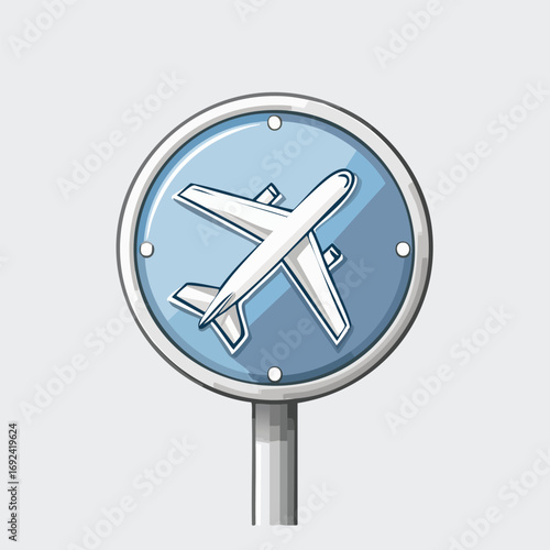 Illustration of an airport sign with a white airplane on a light blue background.