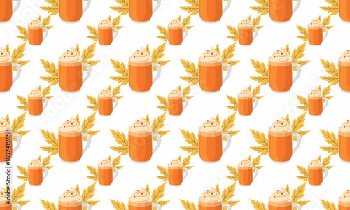 Autumn seamless pattern with pumpkin latte and yellow leaves on light background. Seasonal fall vector illustration for print, package, banners