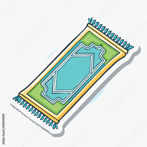 Cartoon illustration of a prayer rug, featuring a green and blue design with a decorative border.