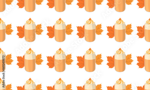 Fall seamless pattern with pumpkin spice latte and orange leaves on light background. Autumn vector illustration for cards, social media, banners