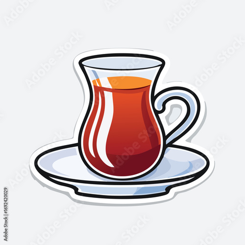 Illustration of a traditional Turkish tea cup, filled with dark tea, on a saucer.
