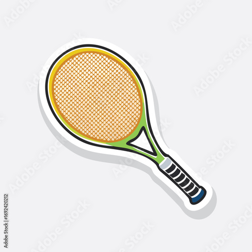 A detailed illustration of a tennis racket, featuring a green handle and yellow strings.