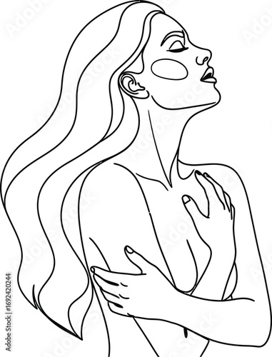 Elegant continuous line drawing of a woman embracing herself with closed eyes and serene expression.