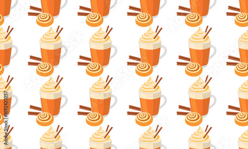 Autumn seamless pattern with pumpkin latte, wafer stick, cinnamon roll on light background. Cozy vector illustration for packaging, social media and prints