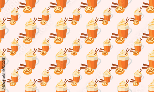 Fall seasonal seamless pattern with pumpkin latte, cinnamon roll, wafer stick on light beige background. Cozy vector illustration for packaging, prints, social media