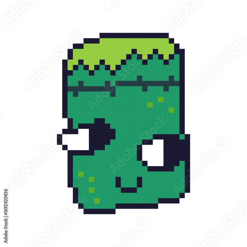 Cute pixel art Frankenstein monster with stitches and bolts. Retro Halloween vector illustration for video games, spooky merchandise, and festive holiday decorations.