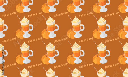 Autumn seamless pattern with pumpkin latte, pumpkin, wafer stick on brown background. Seasonal vector illustration for packaging, banners, cards and prints