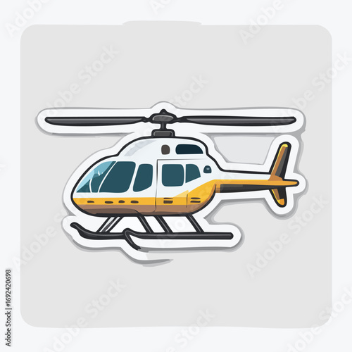 Illustration of a yellow and white helicopter with a rotating rotor and landing skids.