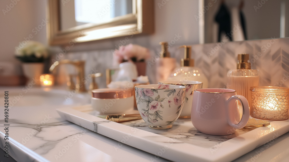 © Anneleven - Interior of a traditional English bathroom with bath, shower, mirror, basin, candle, towel, flower, marble surface, brass fitting, and wood detail