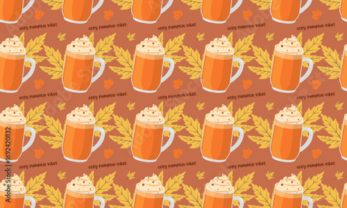 Autumn seamless pattern with pumpkin latte, text, yellow leaves on beige background. Cozy vector illustration for social media posts, packaging and branding