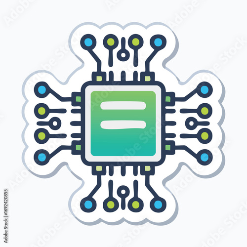 A colorful sticker of a central processing unit (CPU) with a gradient design and circuit connections.