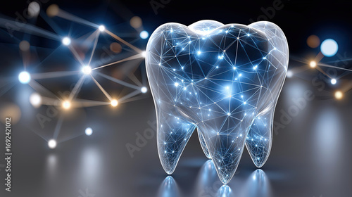 Digital representation of tooth with glowing connections symbolizes dental health and technology. This futuristic design highlights innovation