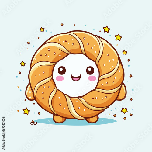 Cute cartoon bagel character with a happy face, surrounded by stars, on a light blue background.
