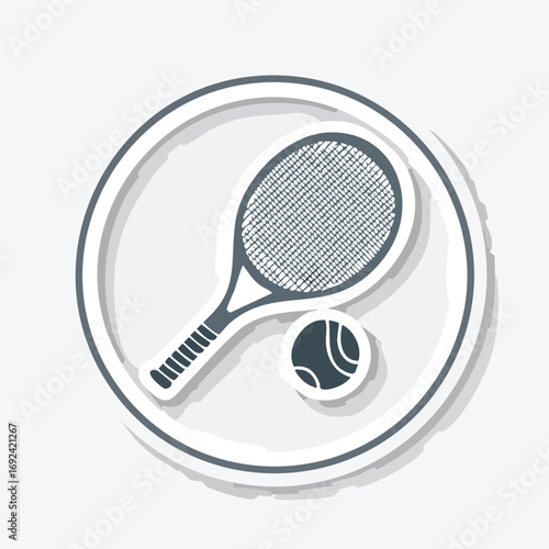 A tennis racket and ball icon inside a white circle with a shadow effect.
