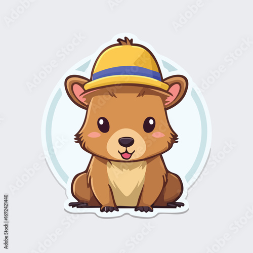 A cute brown cartoon puppy with a funny smile and a bone is a happy character