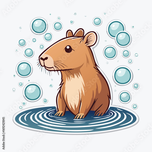 Happy brown cartoon bear drawing having fun in the water