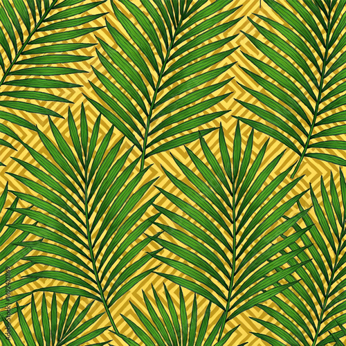 Tropical Palm Leaf Pattern with Green Fronds over Yellow Striped Background