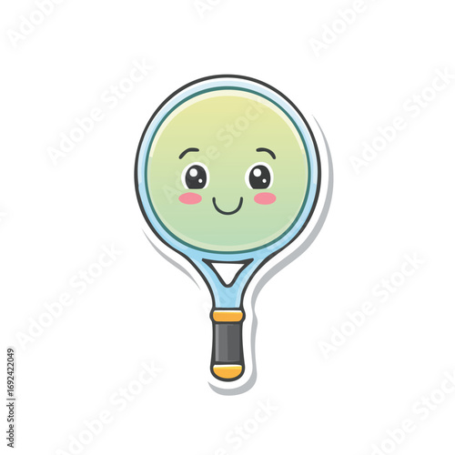 Cute cartoon illustration of a smiling tennis racket with a happy face and a gradient background.