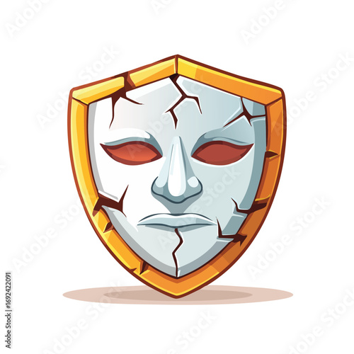 Shield with a cracked white mask, red eyes, and a golden border, representing protection.