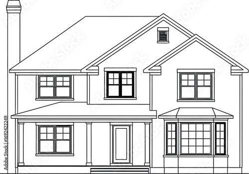 Architectural sketch of a classic two-story house with a porch and bay window