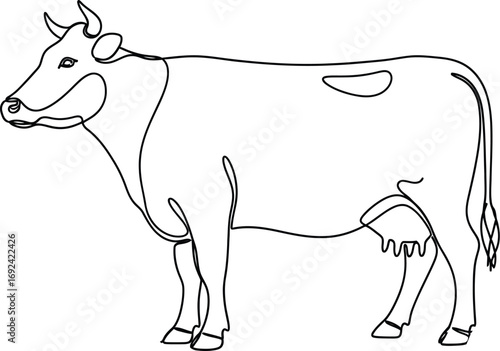Elegant single line drawing of a cow standing peacefully in profile, showcasing its form.