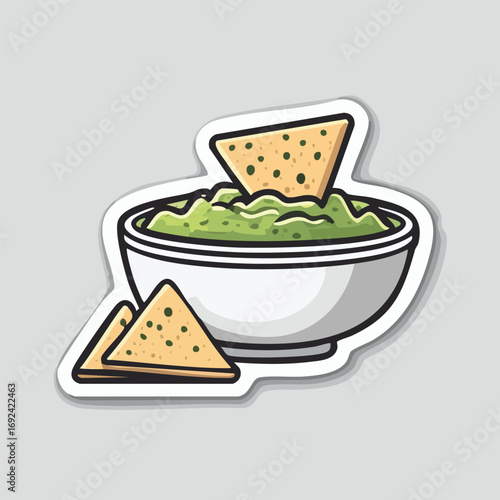 Illustration of a bowl filled with guacamole, with tortilla chips for dipping, a delicious snack.