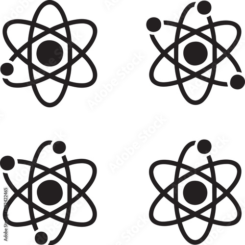Atomic Structure Vector Icons Set – Black Atom Silhouettes with Electron Orbits in 2x2 Grid for Science and Physics Design  