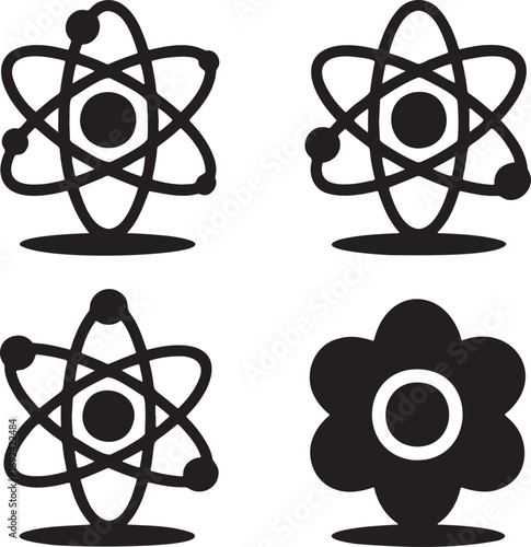 Atomic Structure Vector Icons Set – Black Atom Silhouettes with Electron Orbits in 2x2 Grid for Science and Physics Design  