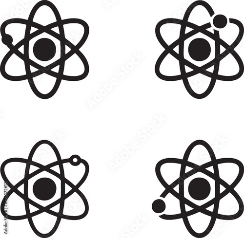 Atomic Structure Vector Icons Set – Black Atom Silhouettes with Electron Orbits in 2x2 Grid for Science and Physics Design  