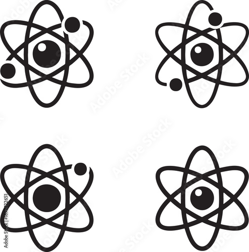 Atomic Structure Vector Icons Set – Black Atom Silhouettes with Electron Orbits in 2x2 Grid for Science and Physics Design  