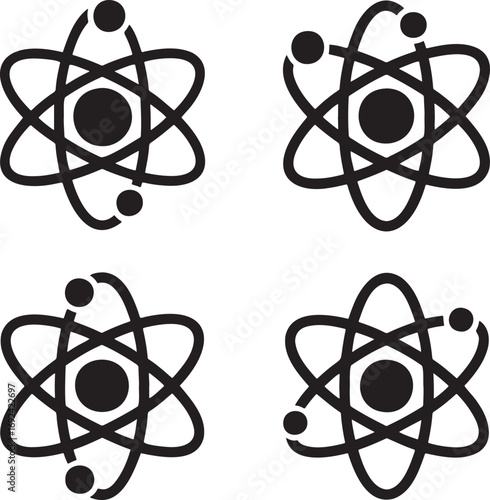 Atomic Structure Vector Icons Set – Black Atom Silhouettes with Electron Orbits in 2x2 Grid for Science and Physics Design  