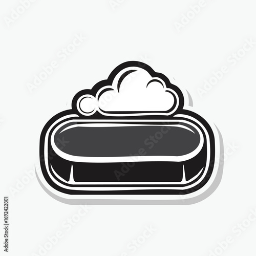 Black and white illustration of a soap dish with foamy bubbles on top, sticker style.