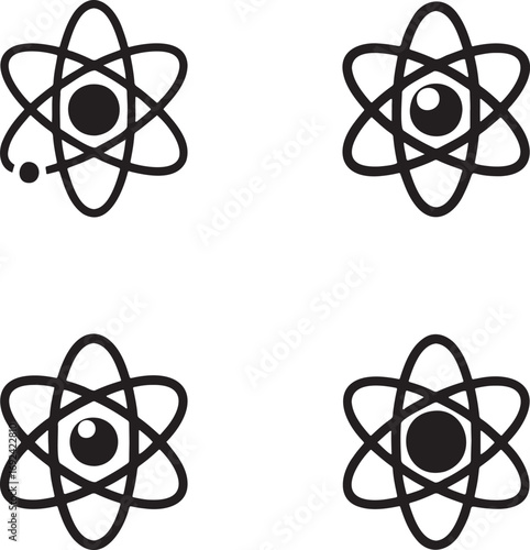 Atomic Structure Vector Icons Set – Black Atom Silhouettes with Electron Orbits in 2x2 Grid for Science and Physics Design  