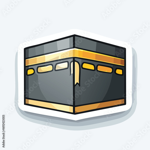 Cartoon illustration of the Kaaba, a cube-shaped building in Mecca, Saudi Arabia, with gold accents.
