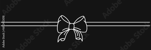 Hand drawn girly coquette bow ribbon banner. Editable stroke line. Vector stock illustration isolated on black background for design template birthday, wedding, Christmas card, invitation, sale