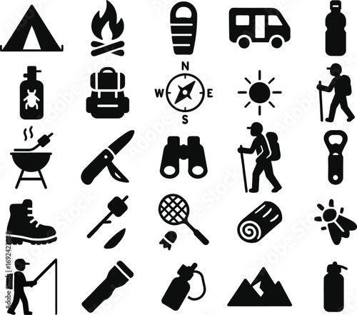 Outdoor adventure travel icons set for camping hiking and exploration activities