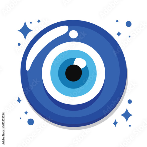 A detailed illustration of a blue evil eye amulet with a shiny, protective design.