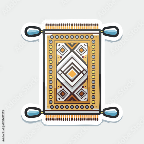 Illustration of a decorative rug with intricate geometric patterns and tassels, perfect for home decor.