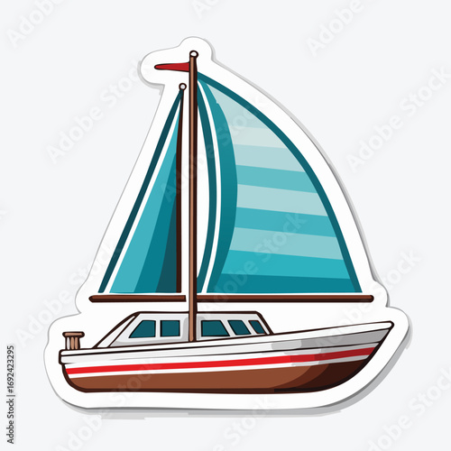 Illustration of a sailboat with a blue sail, red stripe, and a white background.