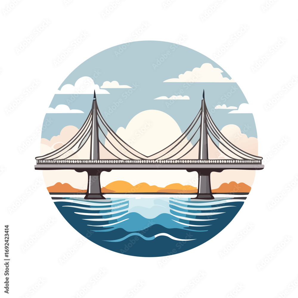 Obraz premium Illustration of a modern cable-stayed bridge over water with a sunny sky in the background.