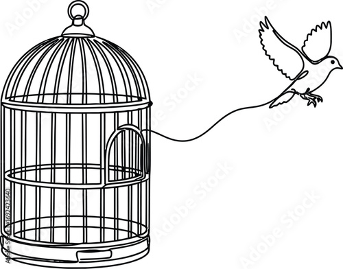 Bird flying free from an open cage, symbolizing freedom and escape.