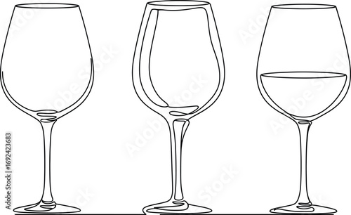 Three elegant wine glasses, one partially filled with liquid, presented in a clean, minimalist graphic.