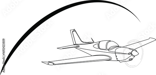 Sleek propeller airplane traces a dynamic arc across a clean background