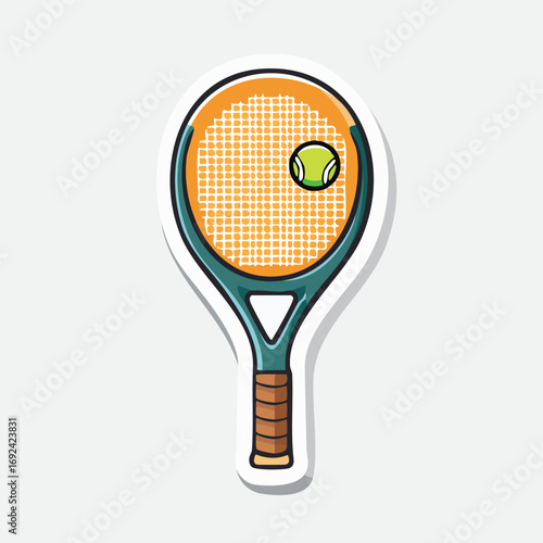 Illustration of a tennis racket with a tennis ball on the strings.