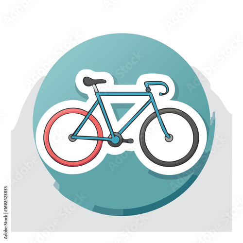 A stylized illustration of a fixed-gear bicycle, depicted in a light teal color with red tire accents.