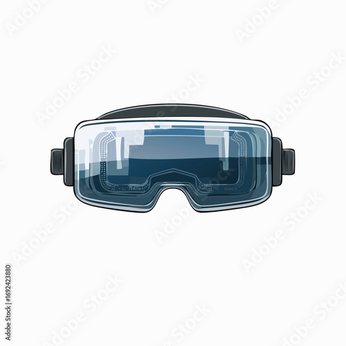 Front view illustration of a modern virtual reality headset with a reflective blue visor, isolated on a white background.