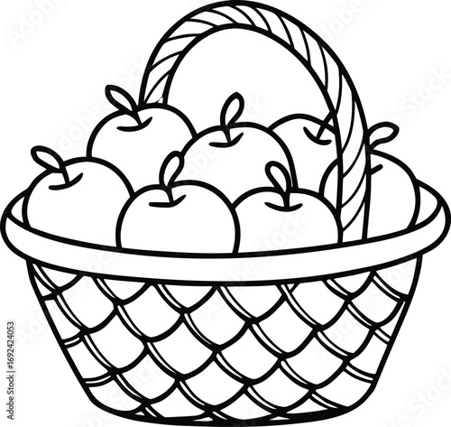Black and white outline drawing of a basket full of apples Keywords: basket, apples, fruit, food, harvest, autumn, fall, illustration, drawing, outline, line art, simple, graphic, isolated, white