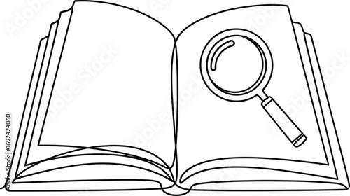 Magnifying glass over open book, symbolizing research and discovery.