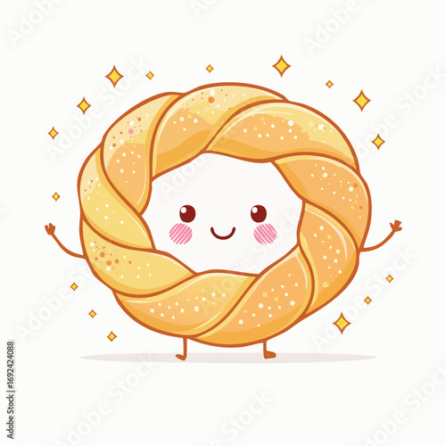 Cute cartoon twisted bread character with a happy face, rosy cheeks, and sparkling details on a white background.